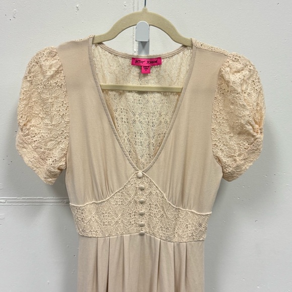 Betsey Johnson Mosaic Lace Puff-Sleeve Midi Dress Crochet Back Cream Sm JL408532 - Picture 5 of 15